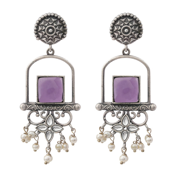 Meherab- Silver Brass Oxidised Stone Studded Dngler Earrings (Purple)