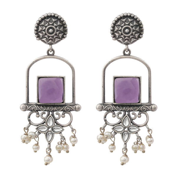 Meherab- Silver Brass Oxidised Stone Studded Dngler Earrings (Purple)