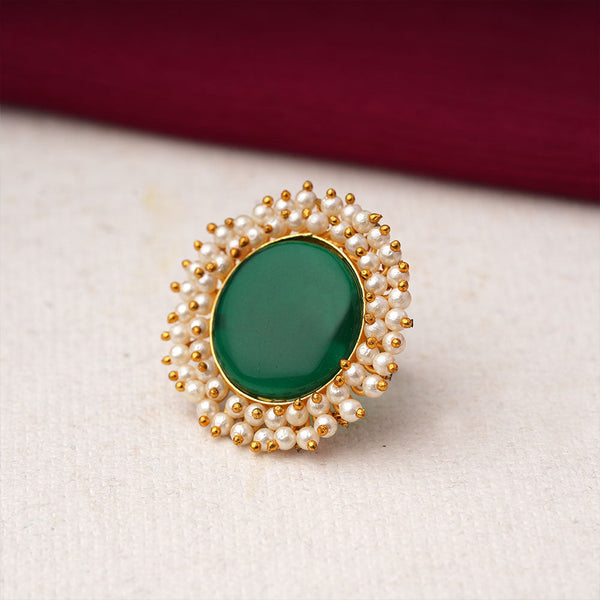 Bhavya- Stone Studded Pearl Framed ring(Green)