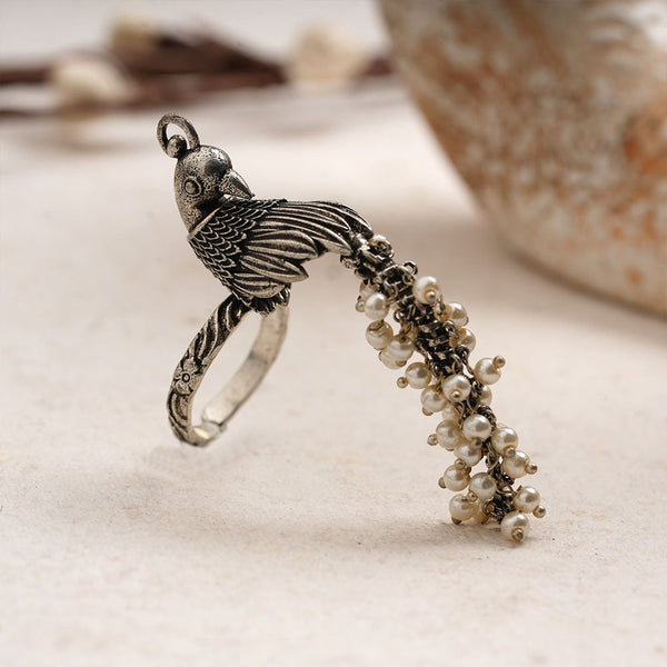 MorMoti- Silver Brass Oxidised pearl ring
