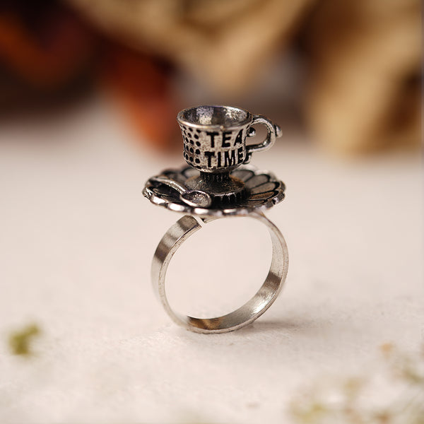 Tea Cup-Plate Silver Oxidised Ring