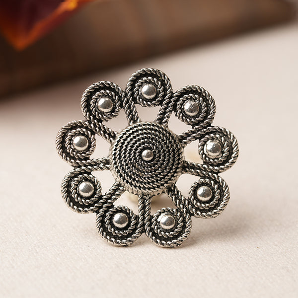 Oxidised flower shaped adjustable Ring