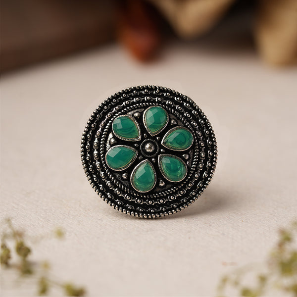 Green Stone Studded Brass Adjustable Ring