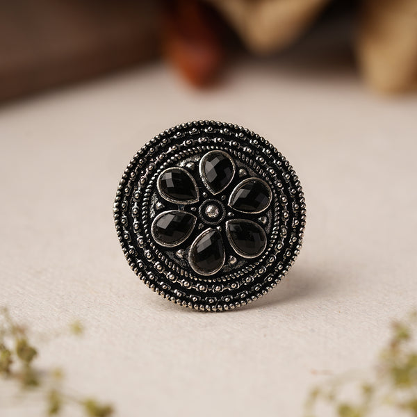 Black Stone studded Brass Adjustable Ring
