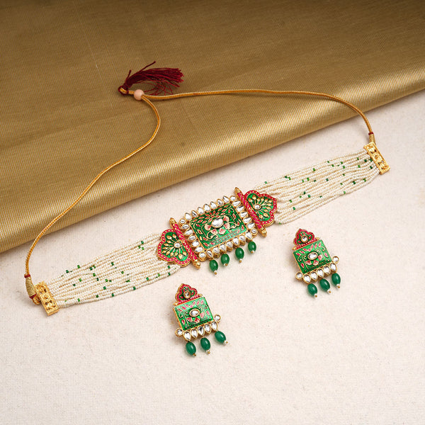 Ishani- Stone Studded Hanging Pearl Beaded Neckpiece Set (Green)