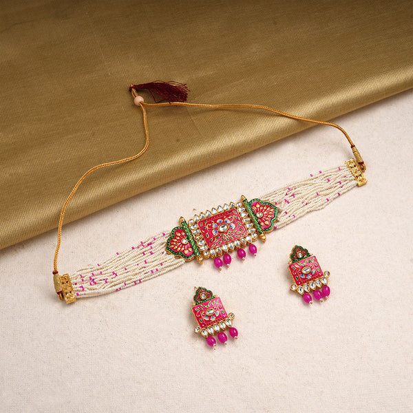 Ishani- Stone Studded Hanging Pearl Beaded Neckpiece Set (Dark Pink)
