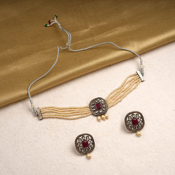 Jyotsna- Stone Studded Hanging Pearl Beaded Neckpiece Set