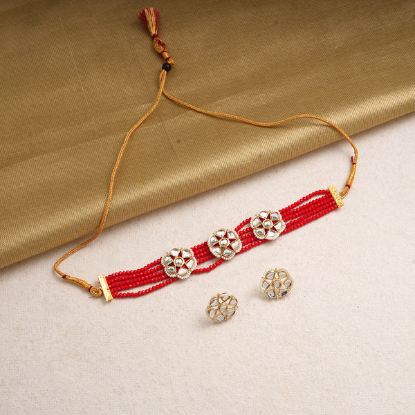 Kirtika- Stone Studded Beaded Neckpiece Set (Red)