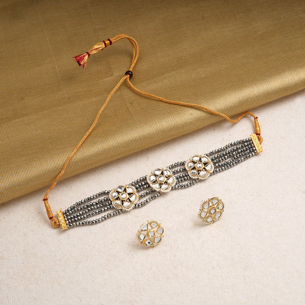 Kirtika- Stone Studded Beaded Neckpiece Set (Metallic)