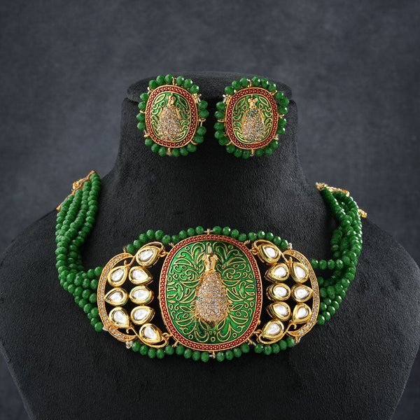 Tanira- Stone studded neckpiece set(Green)