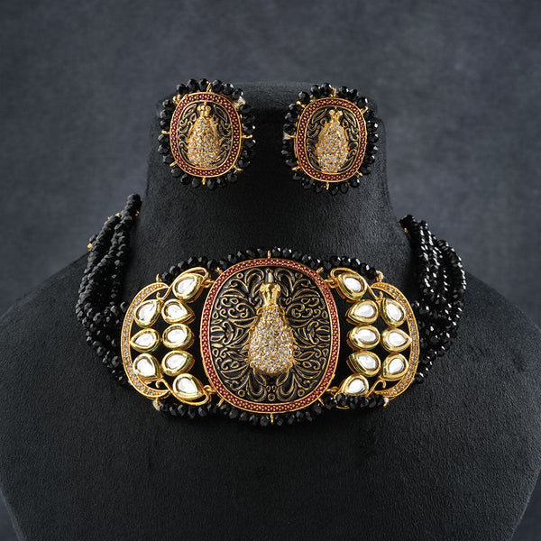 Tanira- Stone studded neckpiece set(Black)