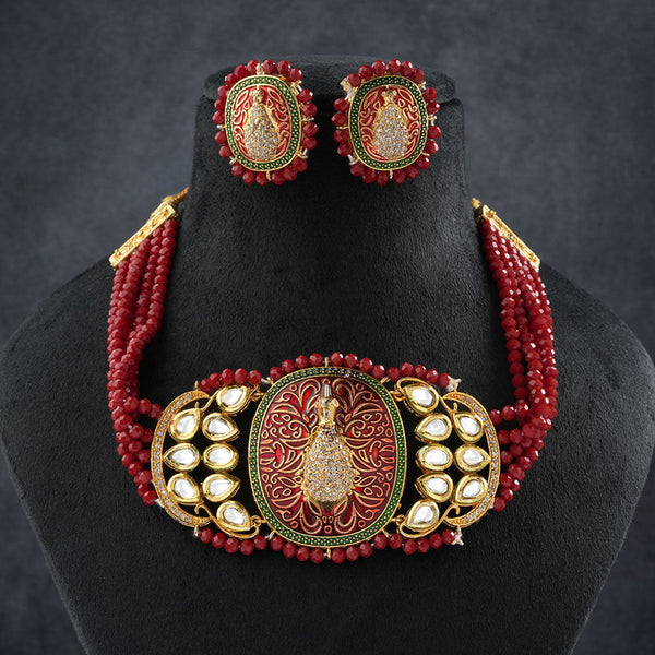 Tanira- Stone studded neckpiece set(Dark Red)