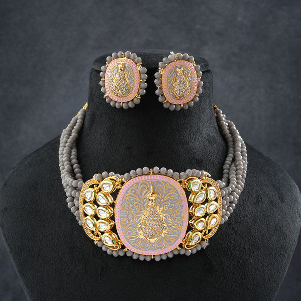 Tanira- Stone studded neckpiece set(Gray)