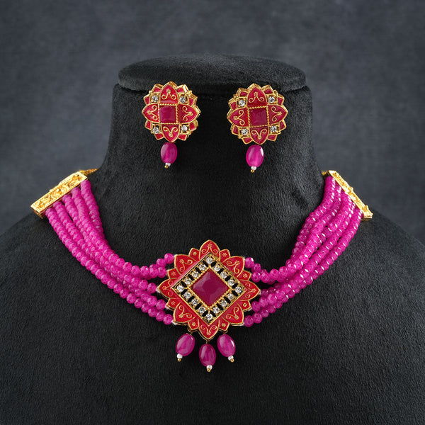 Iyana- Stone studded Neckpiece set(Dark Pink)