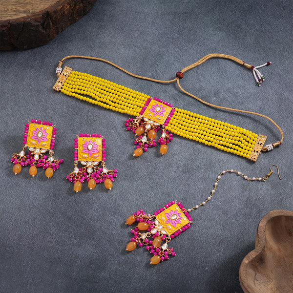 Mevaya- Stone studded hanging pearls Neckpiece set (Yellow)