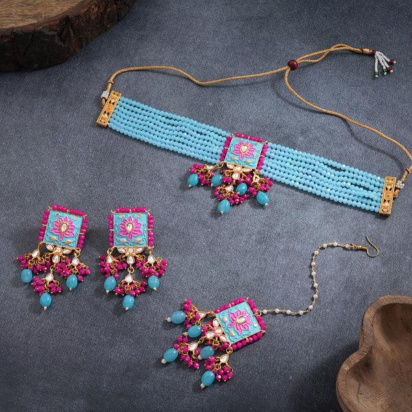 Mevaya- Stone studded hanging pearls Neckpiece set (Blue)