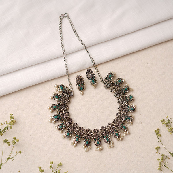 Green Stone studded German Silver Neckpiece set