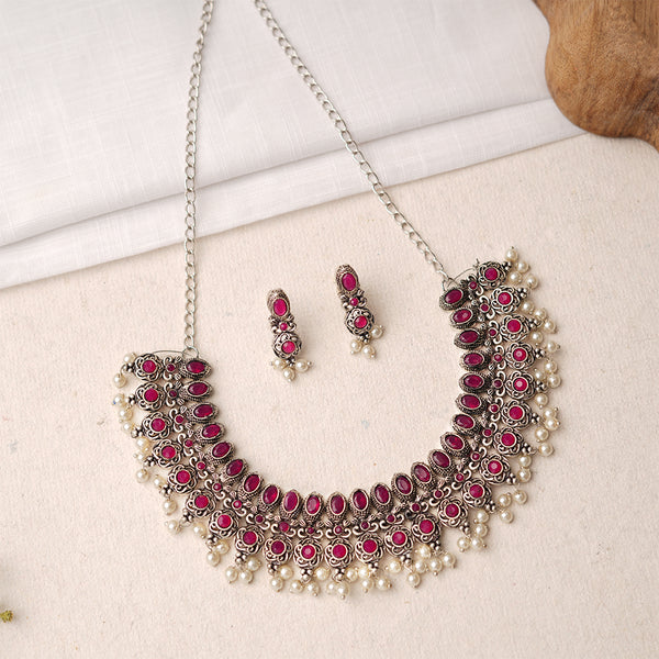 Red Stone studded German Silver Neckpiece set