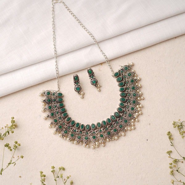 Green Stone studded German Silver Neckpiece set