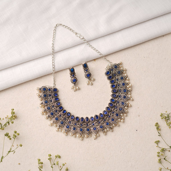 Blue Stone studded German Silver Neckpiece set