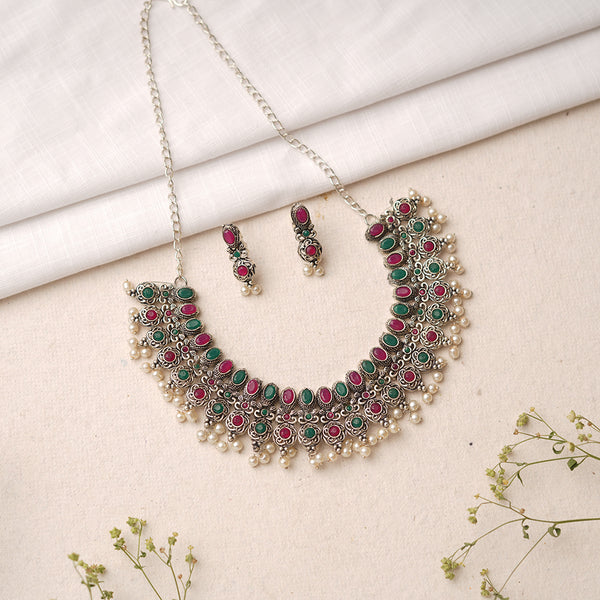 Multicolored Stone studded German Silver Neckpiece set