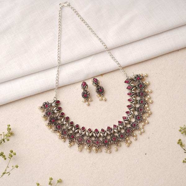 Red Stone studded German Silver Neckpiece set
