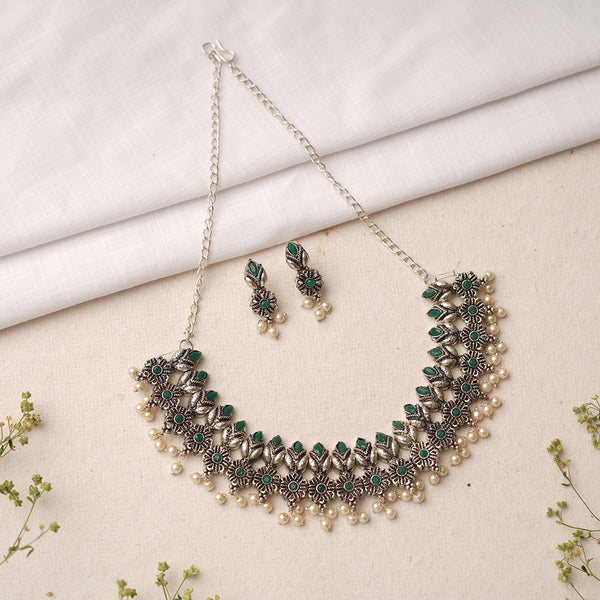 Green Stone studded German Silver Neckpiece set