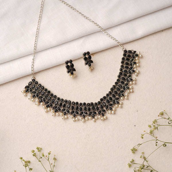 Black Stone studded German Silver Neckpiece set