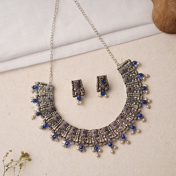 Blue Stone studded German Silver Neckpiece set