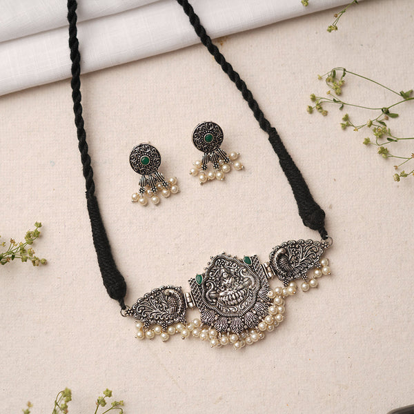 Padmalaya- Stone studded Laxmi Motif German Silver Neckpiece set(Green)