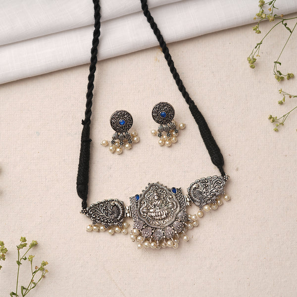 Blue Stone studded Laxmi Motif German Silver Neckpiece set