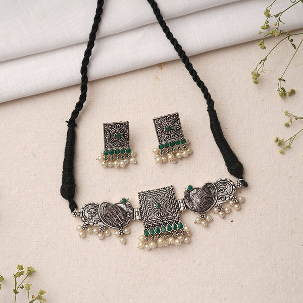 Rasika- Oxidised neckpiece with Earrings (Green)
