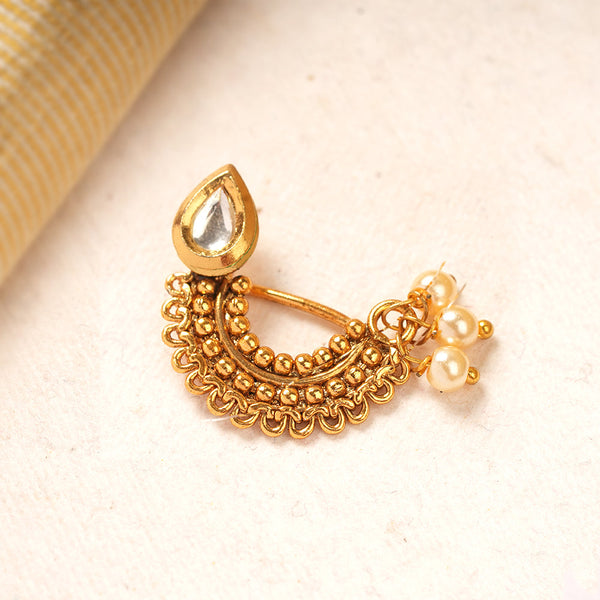 Shruti- Stone Studded Hanging Pearl Nath(White)