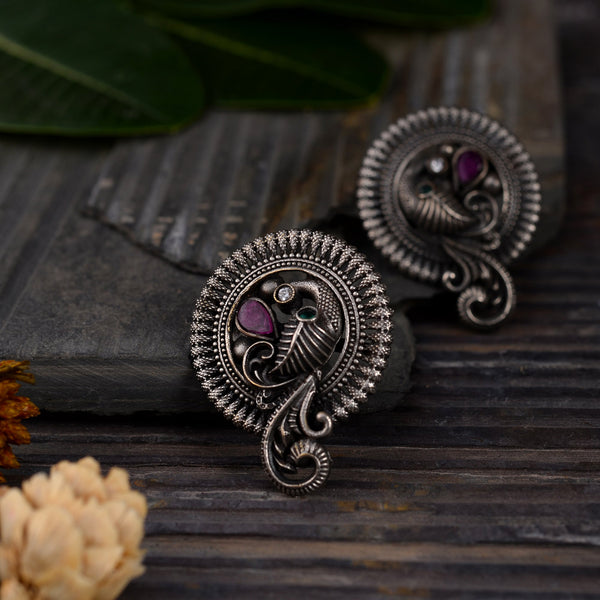 Silver toned brass Peacock Studs