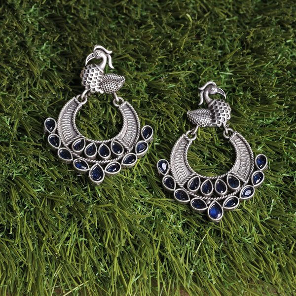 Blue Stone Studded Peacock Brass Earrings