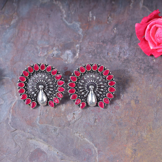 Red stone studded Peacock Brass Oxidised Earrings