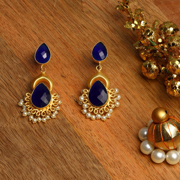 Blue stone studded Matt finished Brass Danglers with hanging Baby Pearls