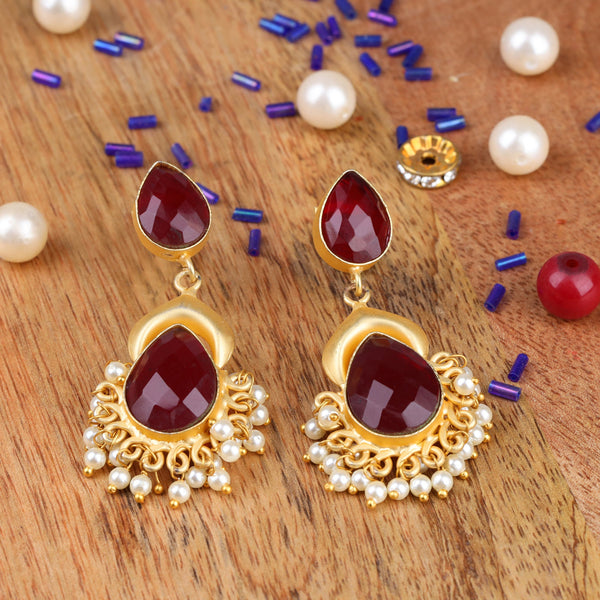 Red stone studded Matt finished Brass Danglers with hanging Baby Pearls