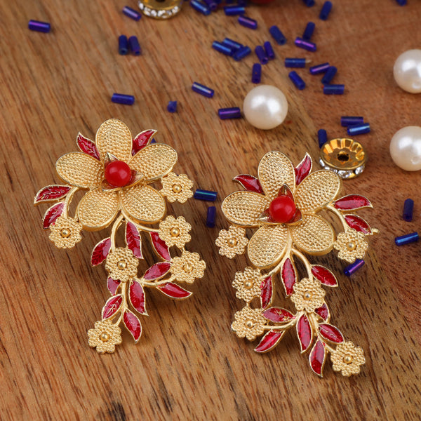Intricate flower shaped Meenakari Brass Golden Earrings