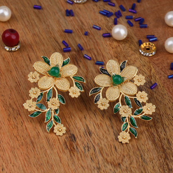 Intricate flower shaped Meenakari Brass Golden Earrings