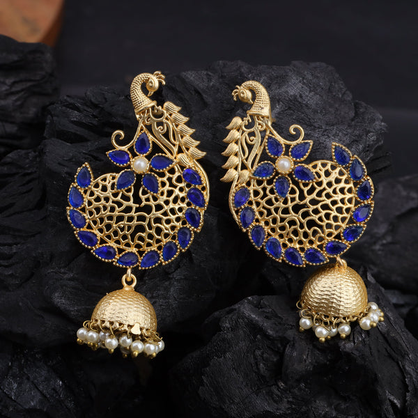 Peacock Motif Blue stone studded Statement Danglers
