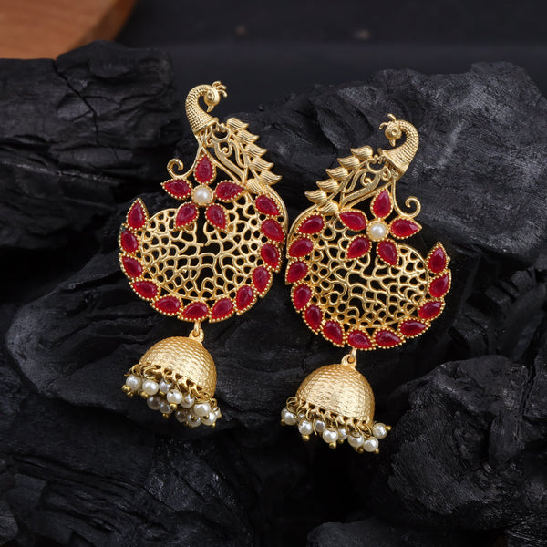 Peacock Motif Red stone studded Statement Danglers