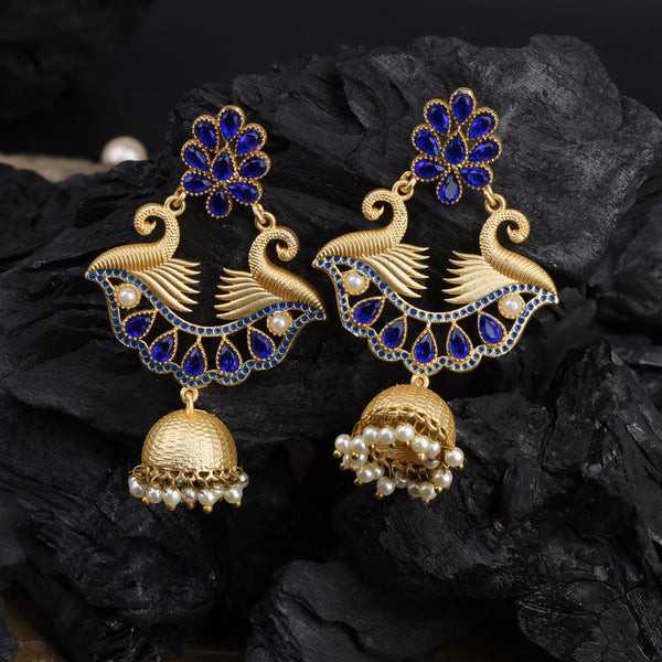 Double Peacock Motif Blue stone studded Statement Danglers