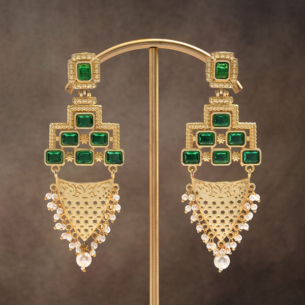 Arvya- Stone studded hanging pearls dangler earrings(Green)