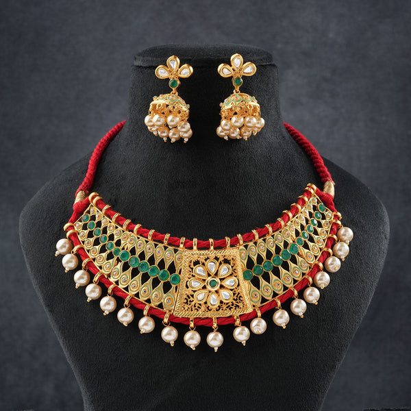 Anira- Stone studded hanging pearls Neckpiece set (Green)