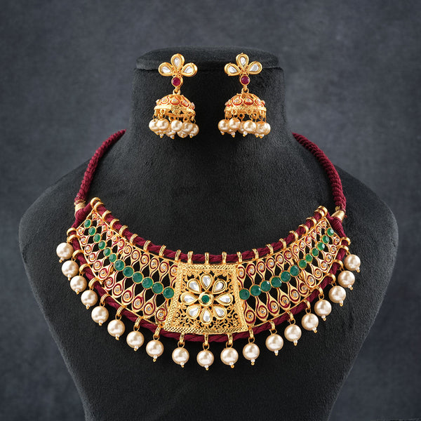 Anira- Stone studded hanging pearls Neckpiece set (Multicolore)
