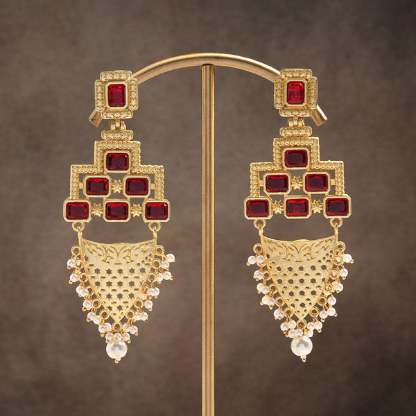 Arvya- Stone studded hanging pearls dangler earrings(Red)