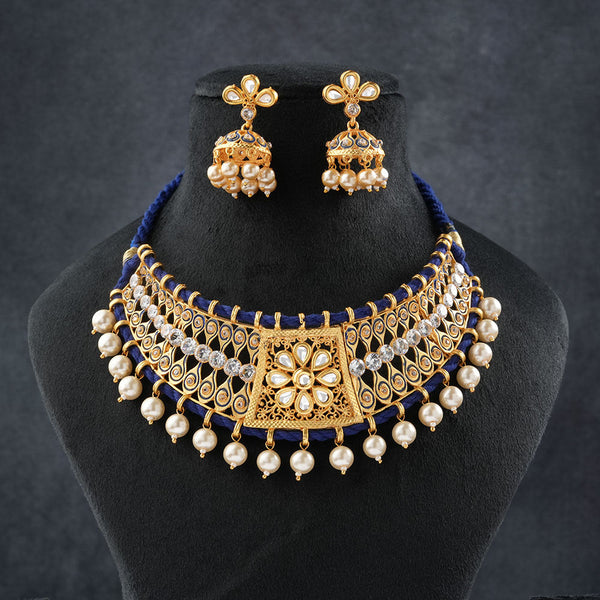 Anira- Stone studded hanging pearls Neckpiece set (White)
