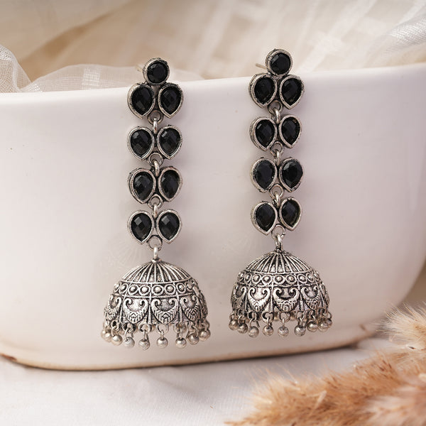 Black Stone Studded Silver Toned Jhumka