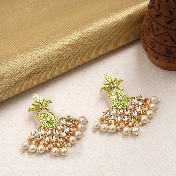 Tara- Stone Studded Hanginh Pearl Dangler earrings(Green)